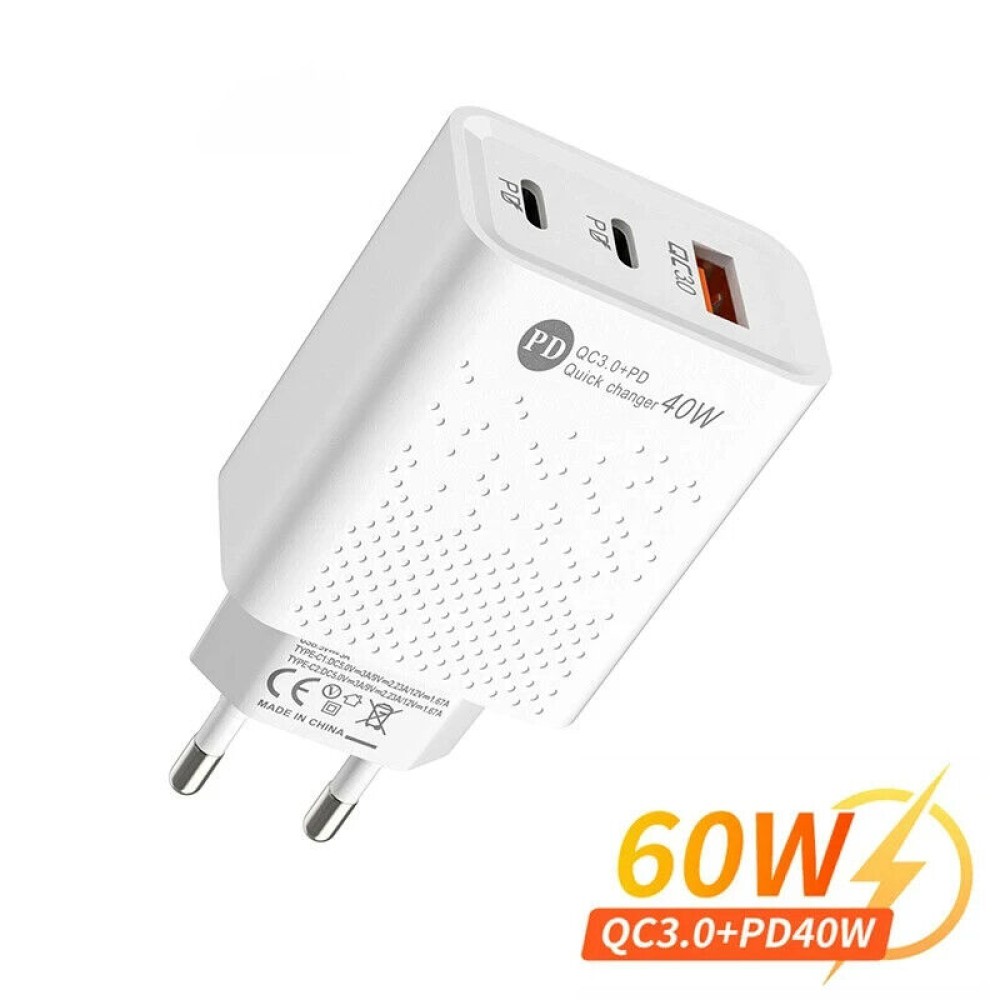 Cargador Rapido PD 3.0 40W 2xTIPO-C + 1xUSB